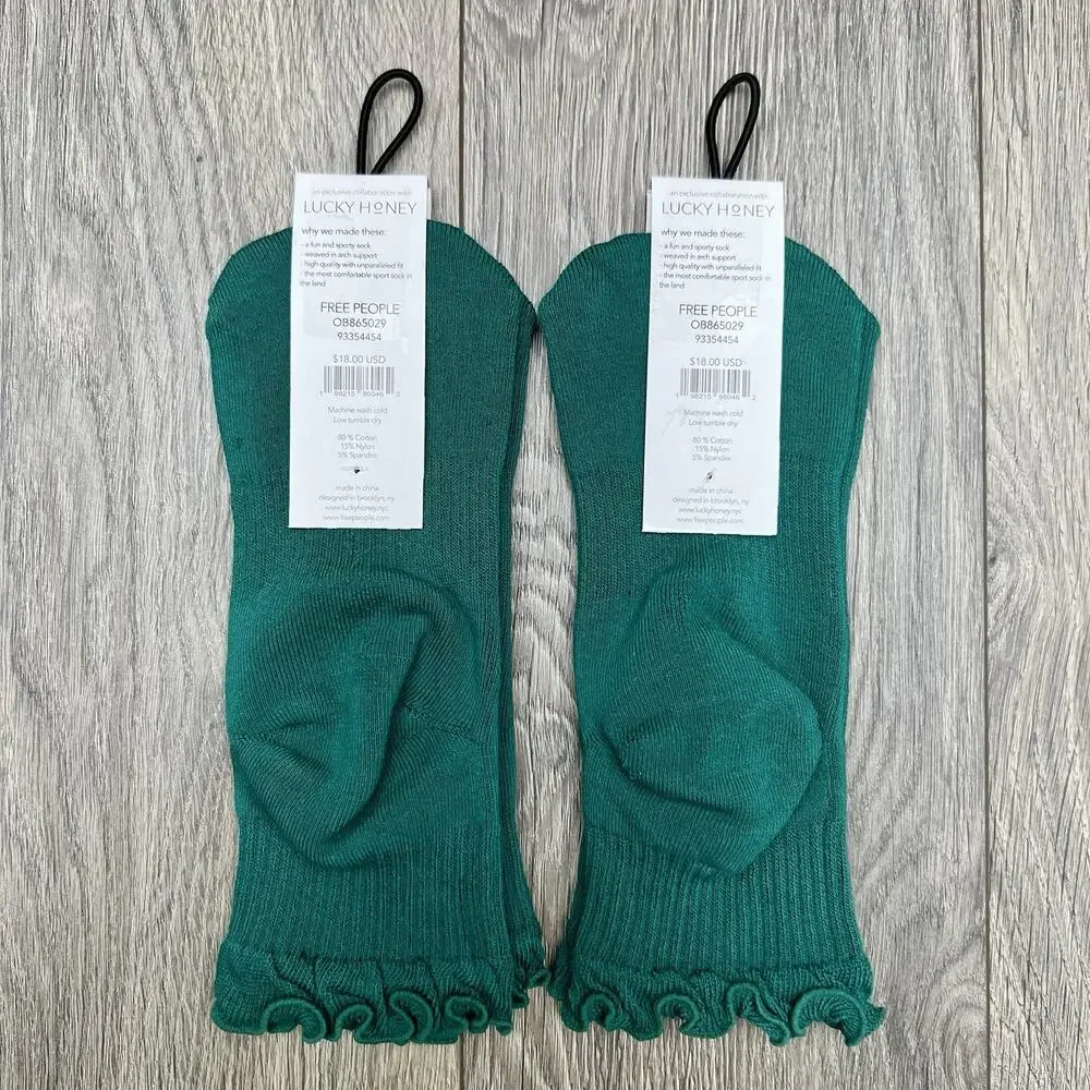 2 Pack Free People Movement Ruffle Sport Sock Green Ankle Lucky Honey